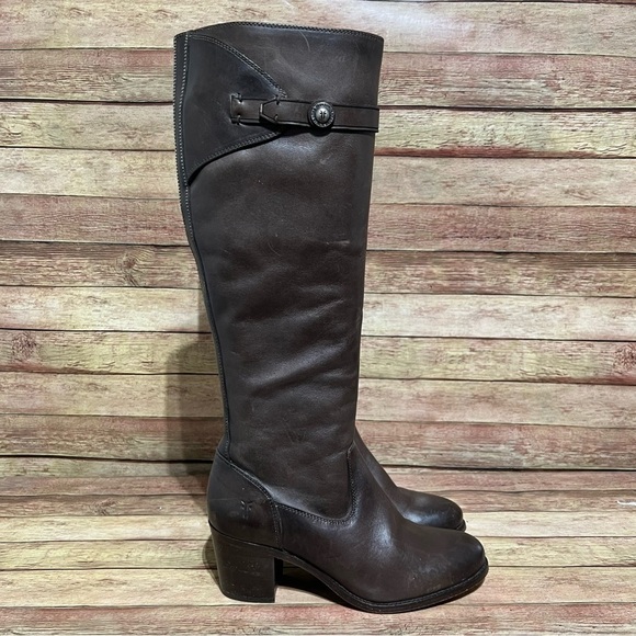 Frye Brown Leather Malorie Tall Heeled Boots - Picture 4 of 11